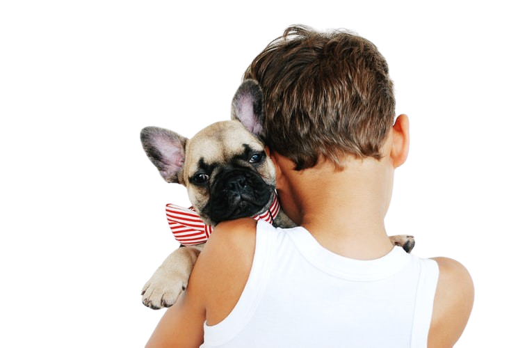 Garoto De costas abraçando Cachorro olhando para você