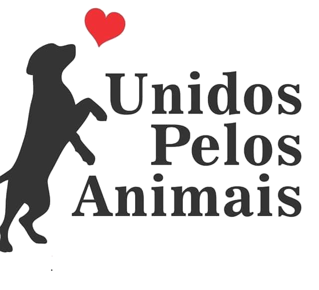 Logo onde tem a silhoueta de um cachorro e um coração escrito Unidos Pelos animais
